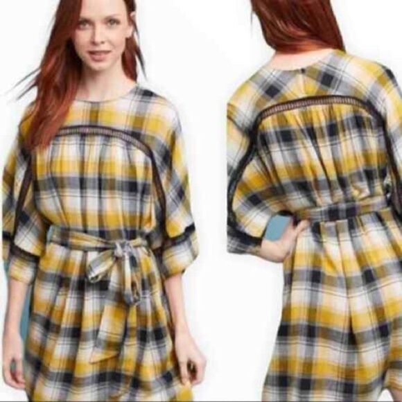 MAEVE | ANTHROPOLOGIE Yellow Black Plaid Tunic Shirt Mini Dress | Small - Picture 1 of 7